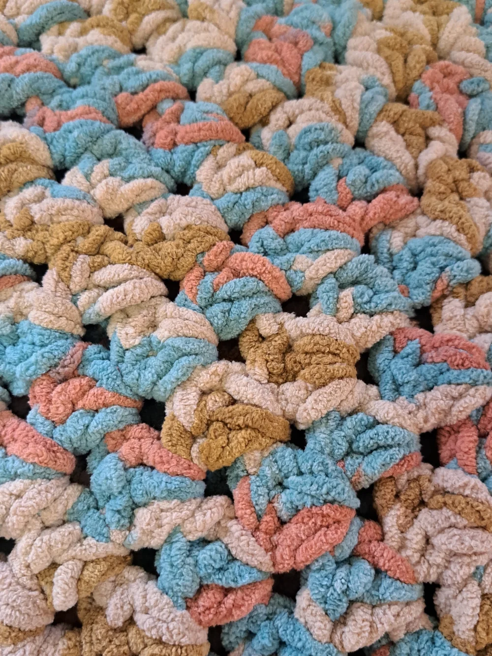 Boho Plush Crochet Throw Blanket in Blue, Coral & Cream (40